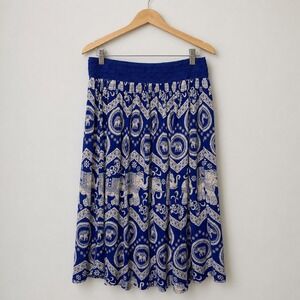 Gypsie Blu Elephant Print Smocked Waist Midi Skirt Large Boho Festival Rayon